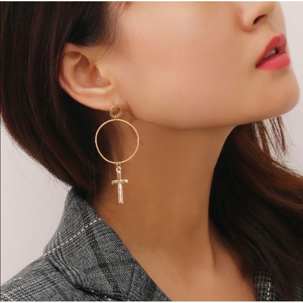 Cross Circled Drop Down Earrings Womens OS Gold Tone Geometric Dangle